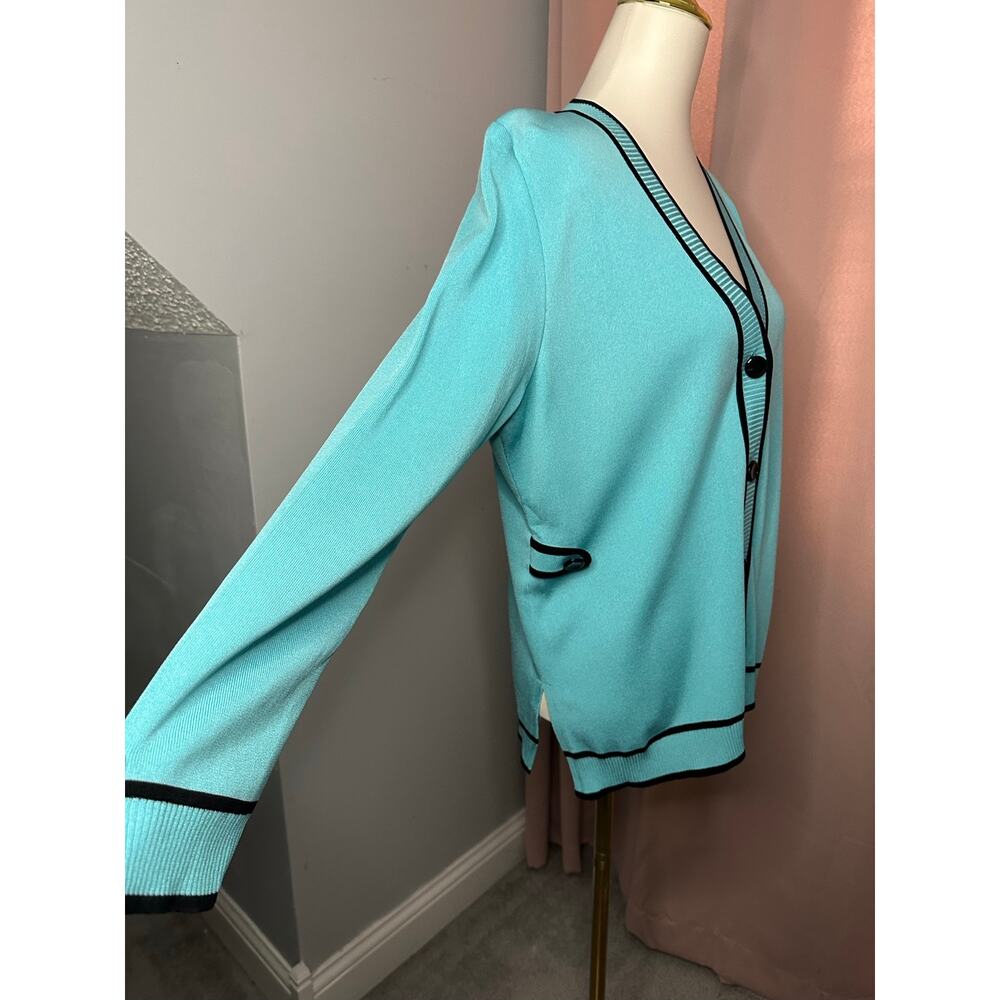EUC Vintage Misook Jacket Petite Large Front Cardigan Classic Knit Aqua Black PL - Picture 2 of 12